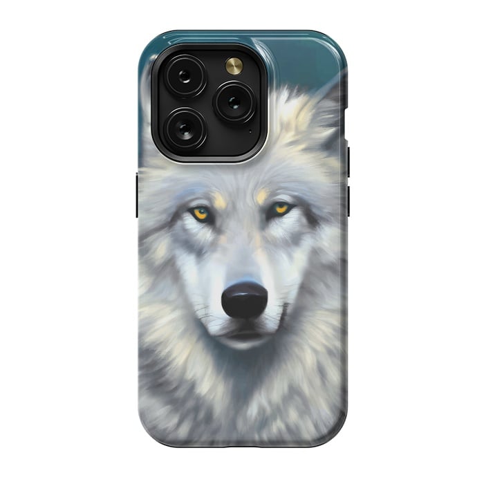 iPhone 15 Pro StrongFit The Wolf, Animal Portrait Painting, Wildlife Forest Jungle Dog, Mystery Eclectic Rustic by Uma Prabhakar Gokhale