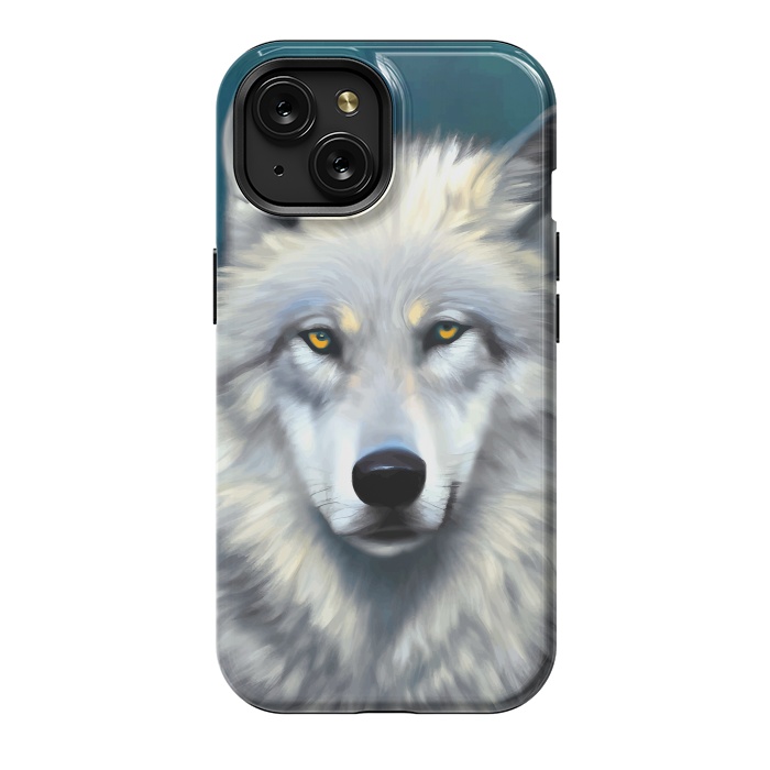 iPhone 15 StrongFit The Wolf, Animal Portrait Painting, Wildlife Forest Jungle Dog, Mystery Eclectic Rustic by Uma Prabhakar Gokhale