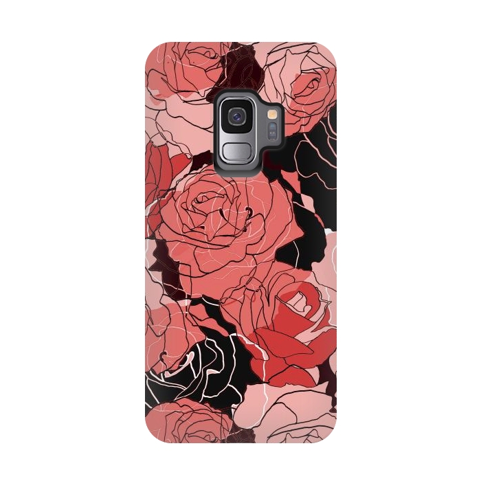 Galaxy S9 StrongFit Red black roses - line art rose flowers pattern by Oana 