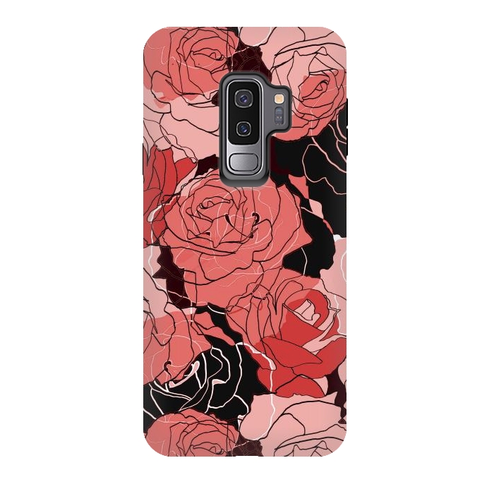 Galaxy S9 plus StrongFit Red black roses - line art rose flowers pattern by Oana 