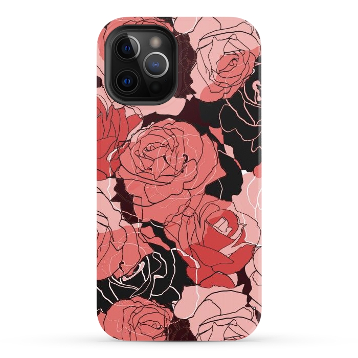 iPhone 12 Pro StrongFit Red black roses - line art rose flowers pattern by Oana 