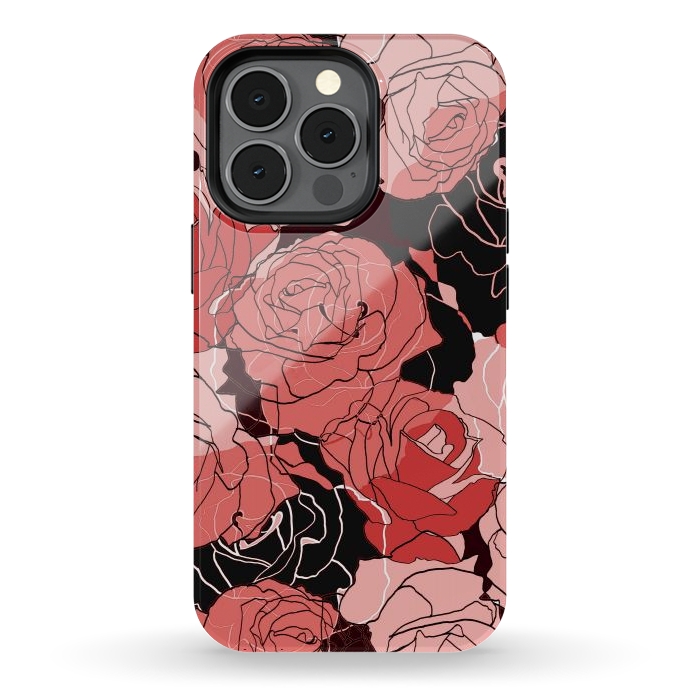 iPhone 13 pro StrongFit Red black roses - line art rose flowers pattern by Oana 