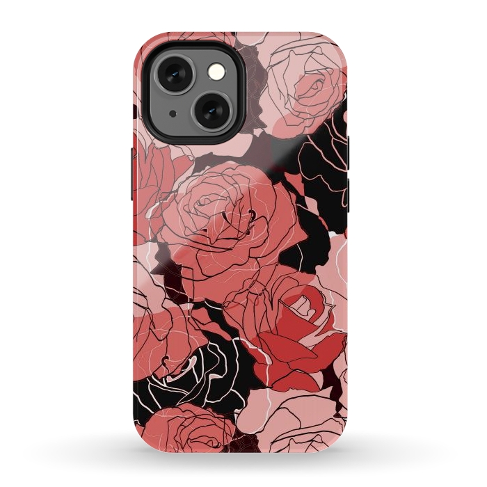 iPhone 13 mini StrongFit Red black roses - line art rose flowers pattern by Oana 