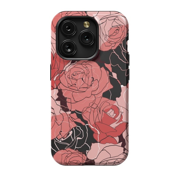 iPhone 15 Pro StrongFit Red black roses - line art rose flowers pattern by Oana 