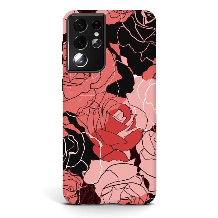 Galaxy S21 ultra StrongFit Red black roses - line art rose flowers pattern by Oana 