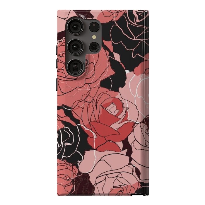 Galaxy S23 Ultra StrongFit Red black roses - line art rose flowers pattern by Oana 