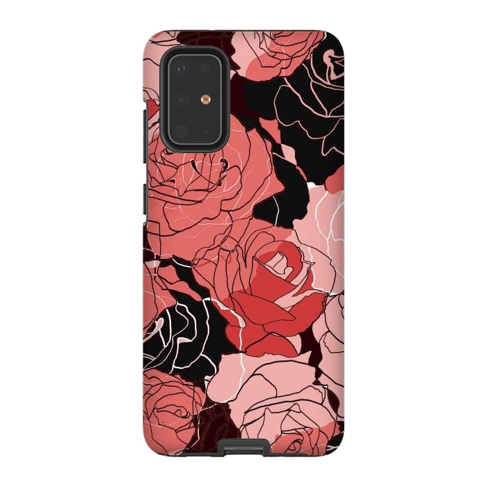 Galaxy S20 Plus StrongFit Red black roses - line art rose flowers pattern by Oana 