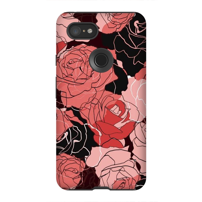Pixel 3XL StrongFit Red black roses - line art rose flowers pattern by Oana 