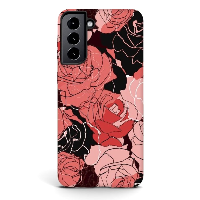 Galaxy S21 plus StrongFit Red black roses - line art rose flowers pattern by Oana 