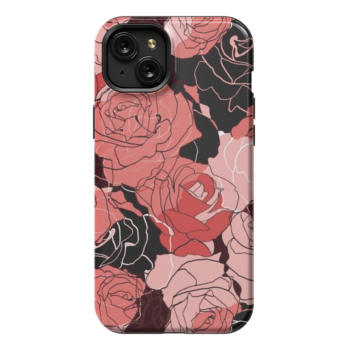 iPhone 15 Plus StrongFit Red black roses - line art rose flowers pattern by Oana 