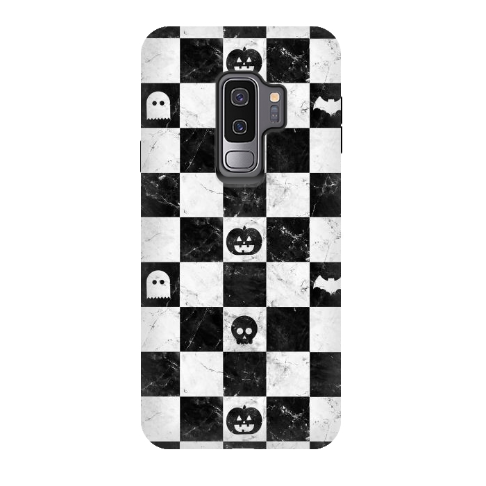 Galaxy S9 plus StrongFit Halloween checkered pattern - marble spooky monsters checks by Oana 
