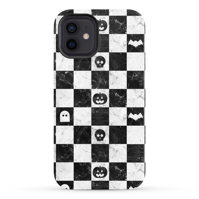iPhone 12 StrongFit Halloween checkered pattern - marble spooky monsters checks by Oana 