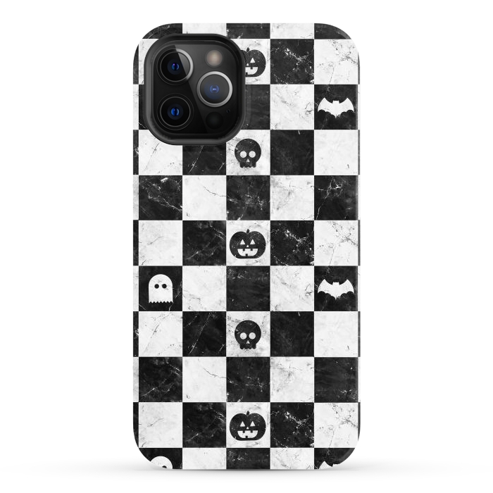 iPhone 12 Pro StrongFit Halloween checkered pattern - marble spooky monsters checks by Oana 
