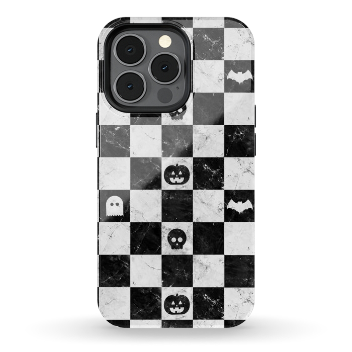 iPhone 13 pro StrongFit Halloween checkered pattern - marble spooky monsters checks by Oana 