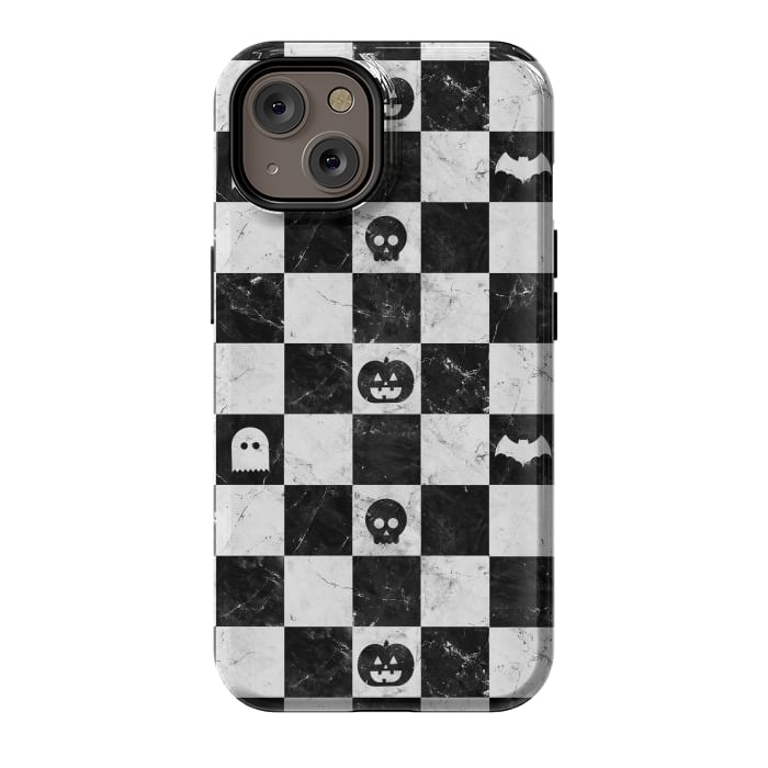 iPhone 14 StrongFit Halloween checkered pattern - marble spooky monsters checks by Oana 