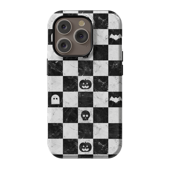 iPhone 14 Pro StrongFit Halloween checkered pattern - marble spooky monsters checks by Oana 