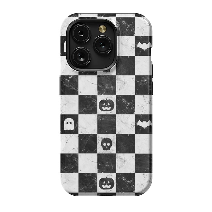 iPhone 15 Pro StrongFit Halloween checkered pattern - marble spooky monsters checks by Oana 