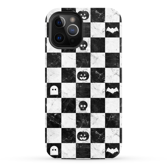 iPhone 12 Pro Max StrongFit Halloween checkered pattern - marble spooky monsters checks by Oana 