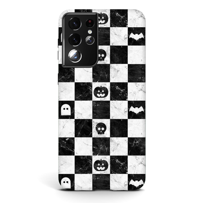 Galaxy S21 ultra StrongFit Halloween checkered pattern - marble spooky monsters checks by Oana 