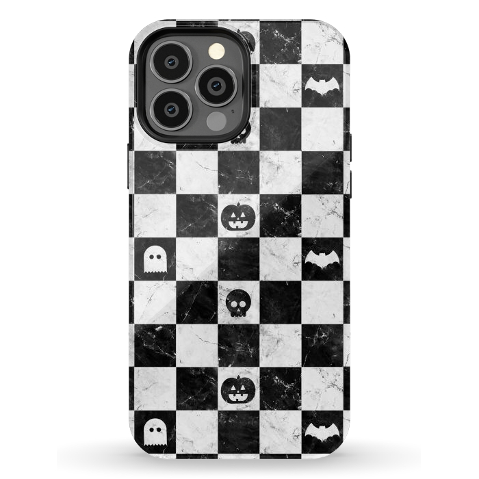 iPhone 13 Pro Max StrongFit Halloween checkered pattern - marble spooky monsters checks by Oana 