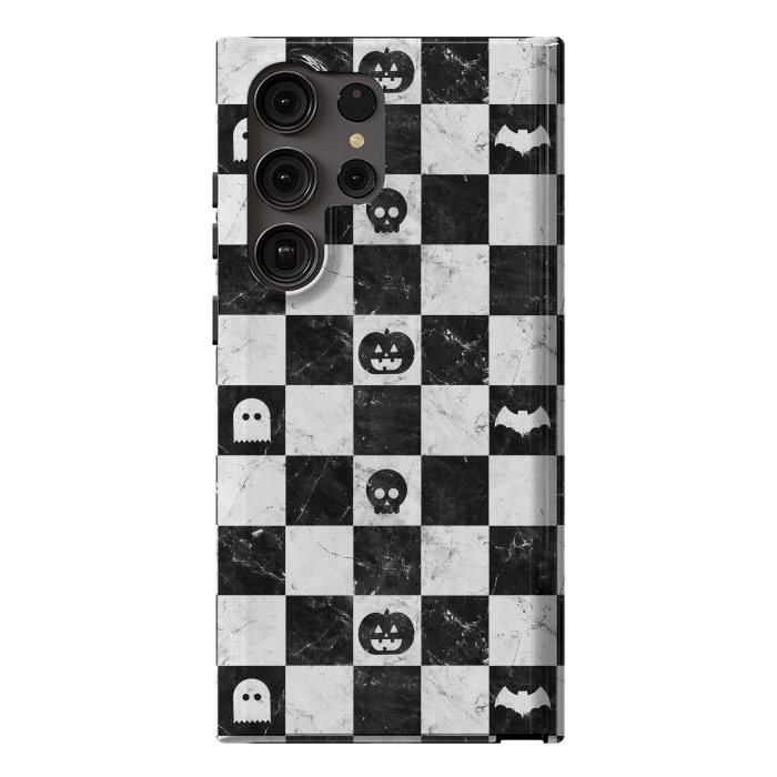 Galaxy S23 Ultra StrongFit Halloween checkered pattern - marble spooky monsters checks by Oana 