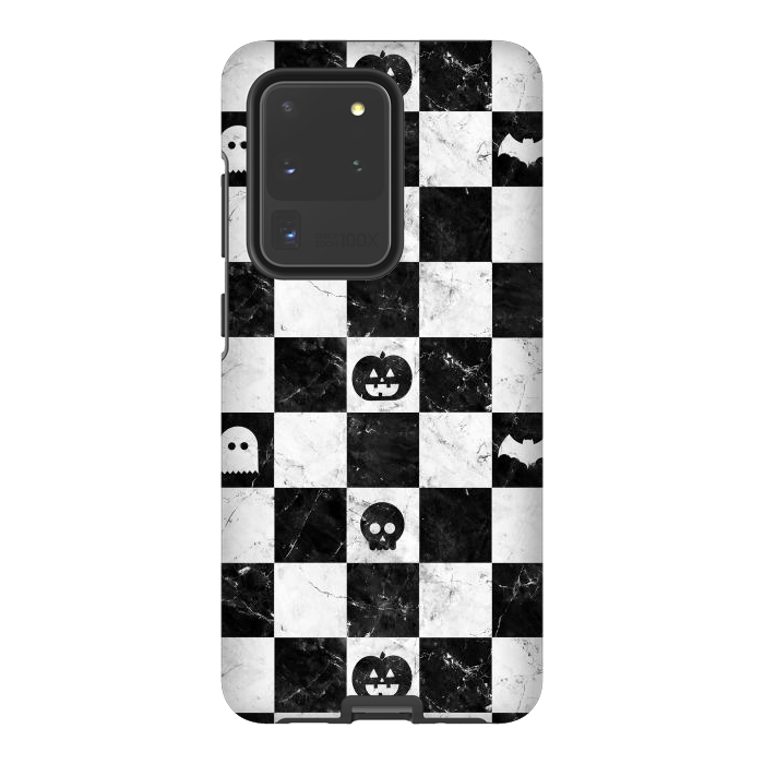 Galaxy S20 Ultra StrongFit Halloween checkered pattern - marble spooky monsters checks by Oana 