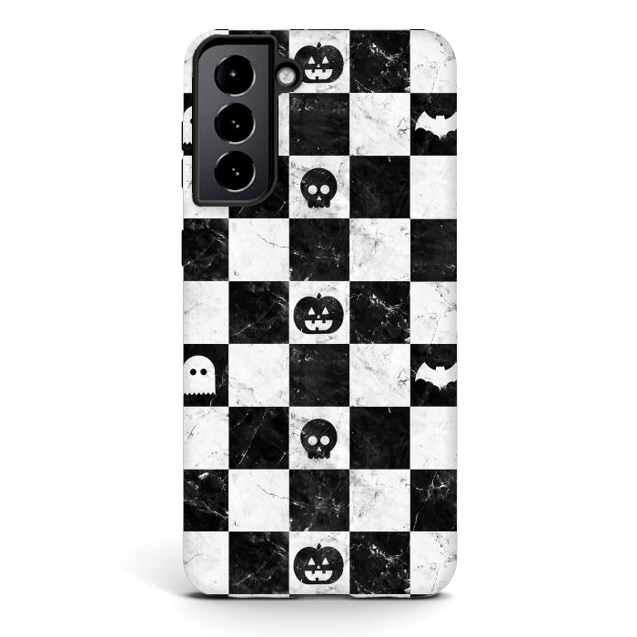 Galaxy S21 plus StrongFit Halloween checkered pattern - marble spooky monsters checks by Oana 