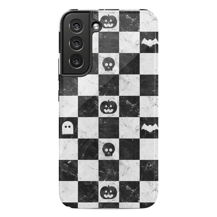 Galaxy S22 plus StrongFit Halloween checkered pattern - marble spooky monsters checks by Oana 
