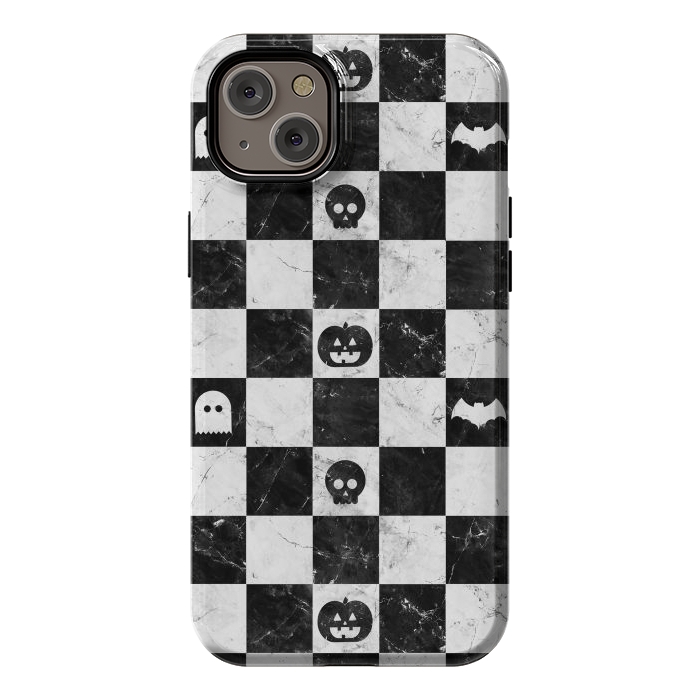 iPhone 14 Plus StrongFit Halloween checkered pattern - marble spooky monsters checks by Oana 