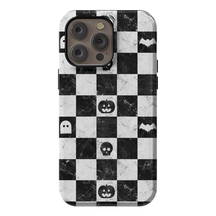 iPhone 14 Pro max StrongFit Halloween checkered pattern - marble spooky monsters checks by Oana 