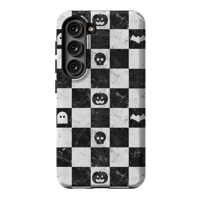 Galaxy S23 StrongFit Halloween checkered pattern - marble spooky monsters checks by Oana 