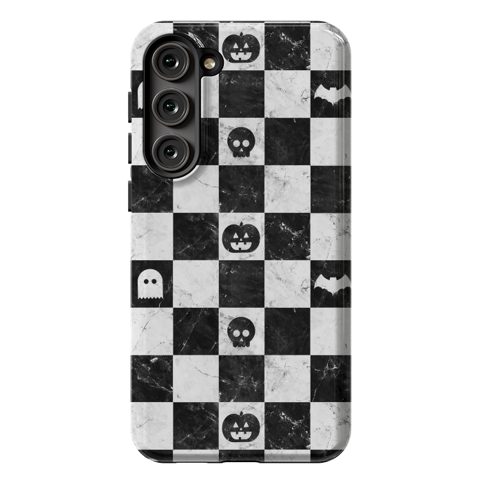 Galaxy S23 Plus StrongFit Halloween checkered pattern - marble spooky monsters checks by Oana 