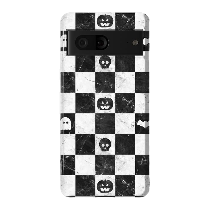 Pixel 7 StrongFit Halloween checkered pattern - marble spooky monsters checks by Oana 