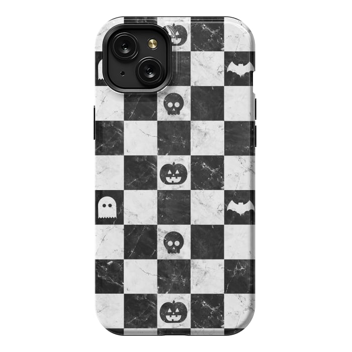 iPhone 15 Plus StrongFit Halloween checkered pattern - marble spooky monsters checks by Oana 