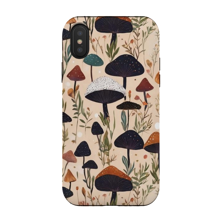 iPhone Xs / X StrongFit Mushrooms pattern - mushrooms and leaves cottagecore illustration by Oana 