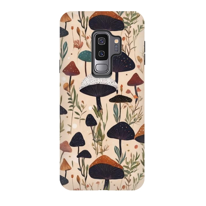 Galaxy S9 plus StrongFit Mushrooms pattern - mushrooms and leaves cottagecore illustration by Oana 