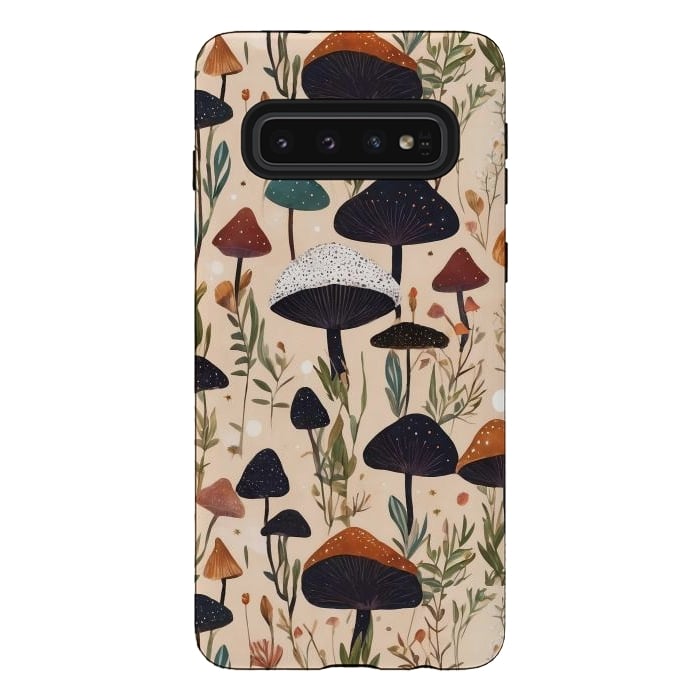 Galaxy S10 StrongFit Mushrooms pattern - mushrooms and leaves cottagecore illustration by Oana 