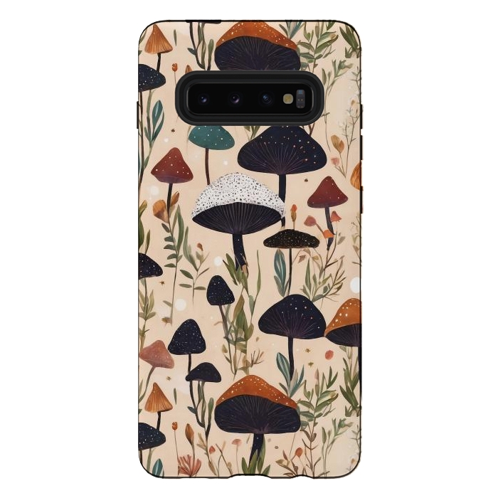 Galaxy S10 plus StrongFit Mushrooms pattern - mushrooms and leaves cottagecore illustration by Oana 