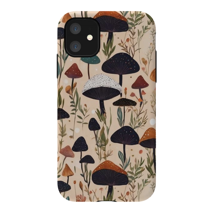 iPhone 11 StrongFit Mushrooms pattern - mushrooms and leaves cottagecore illustration by Oana 