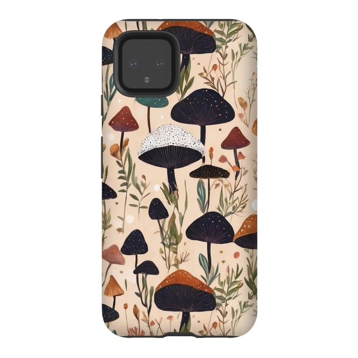 Pixel 4 StrongFit Mushrooms pattern - mushrooms and leaves cottagecore illustration by Oana 