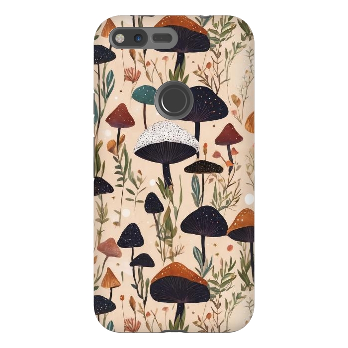 Pixel XL StrongFit Mushrooms pattern - mushrooms and leaves cottagecore illustration by Oana 