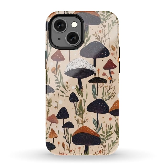 iPhone 12 mini StrongFit Mushrooms pattern - mushrooms and leaves cottagecore illustration by Oana 