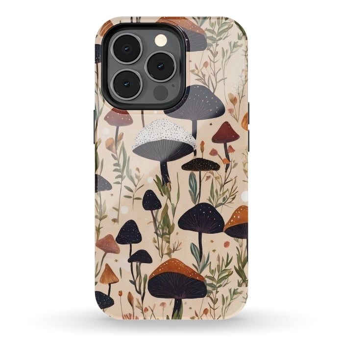 iPhone 13 pro StrongFit Mushrooms pattern - mushrooms and leaves cottagecore illustration by Oana 