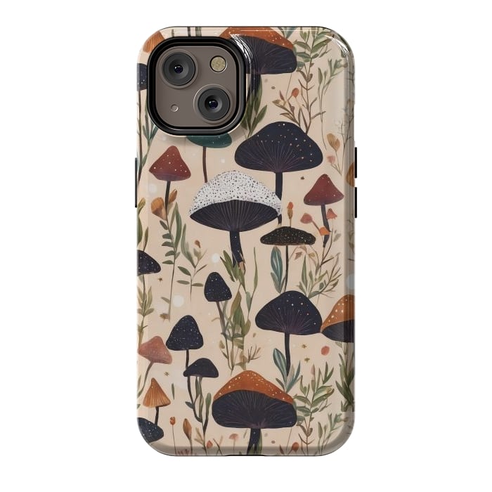 iPhone 14 StrongFit Mushrooms pattern - mushrooms and leaves cottagecore illustration by Oana 