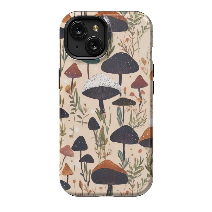 iPhone 15 StrongFit Mushrooms pattern - mushrooms and leaves cottagecore illustration by Oana 