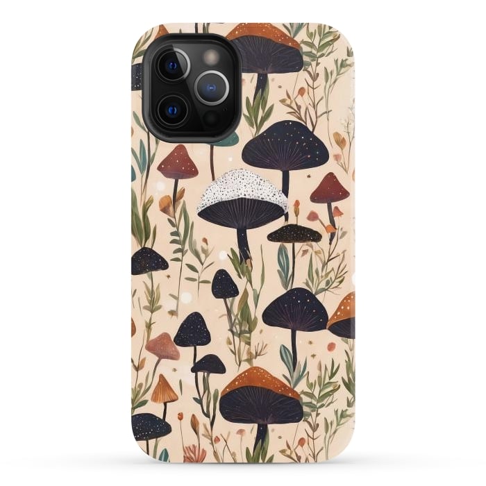 iPhone 12 Pro Max StrongFit Mushrooms pattern - mushrooms and leaves cottagecore illustration by Oana 