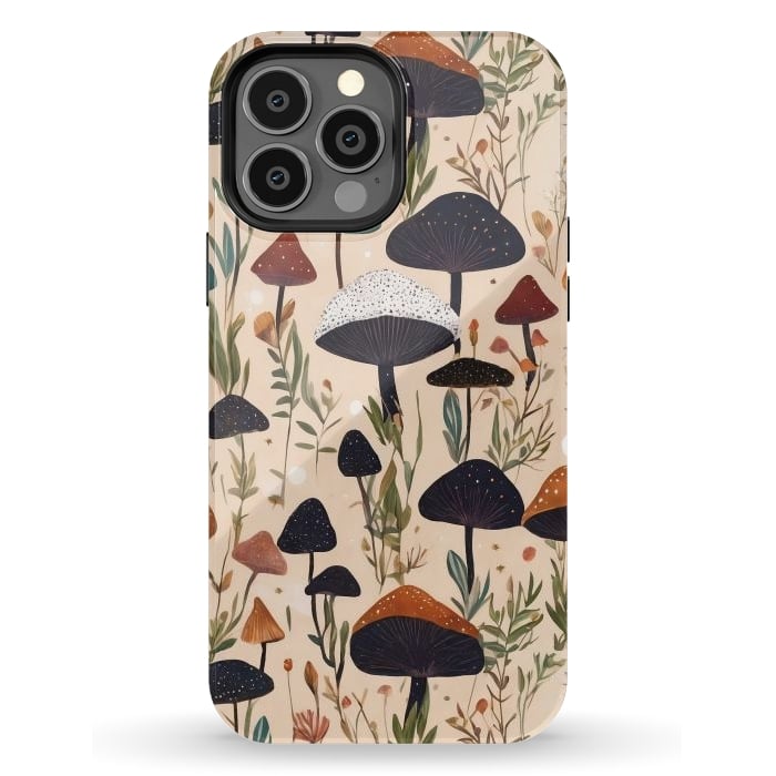 iPhone 13 Pro Max StrongFit Mushrooms pattern - mushrooms and leaves cottagecore illustration by Oana 