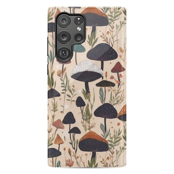 Galaxy S22 Ultra StrongFit Mushrooms pattern - mushrooms and leaves cottagecore illustration by Oana 