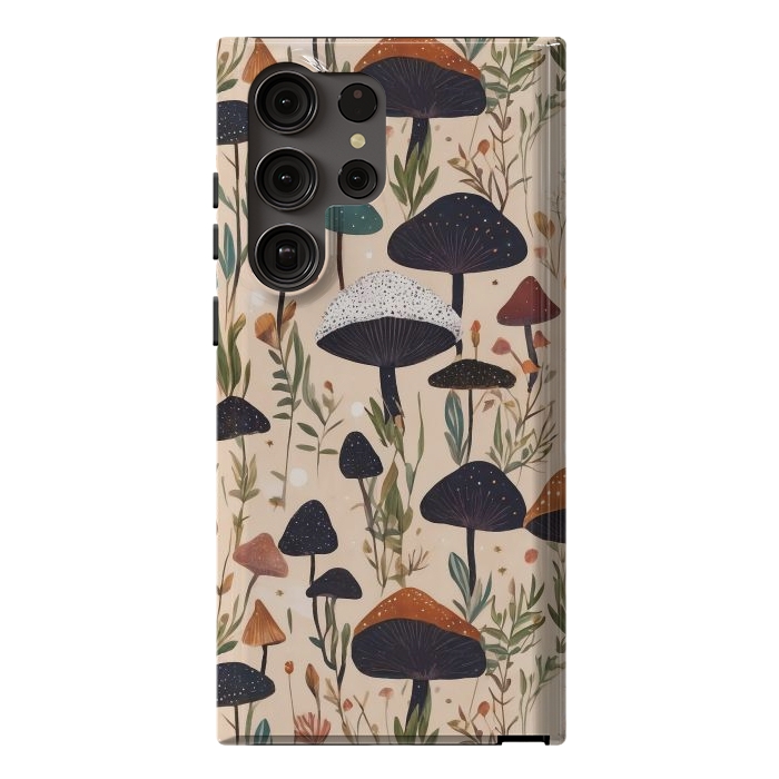 Galaxy S23 Ultra StrongFit Mushrooms pattern - mushrooms and leaves cottagecore illustration by Oana 