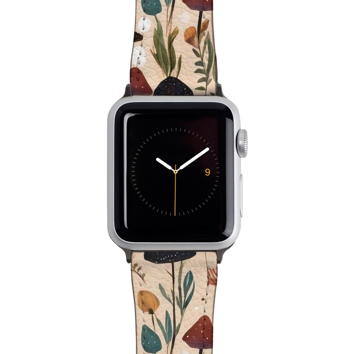 Watch 38mm / 40mm Strap PU leather Mushrooms pattern - mushrooms and leaves cottagecore illustration by Oana 